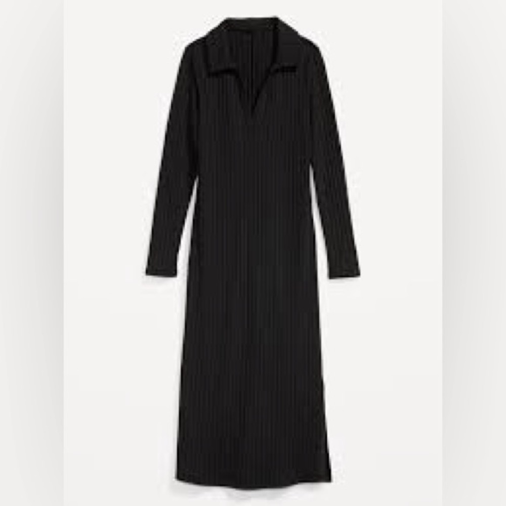 Black Fitted Rib-Knit Midi Polo Dress